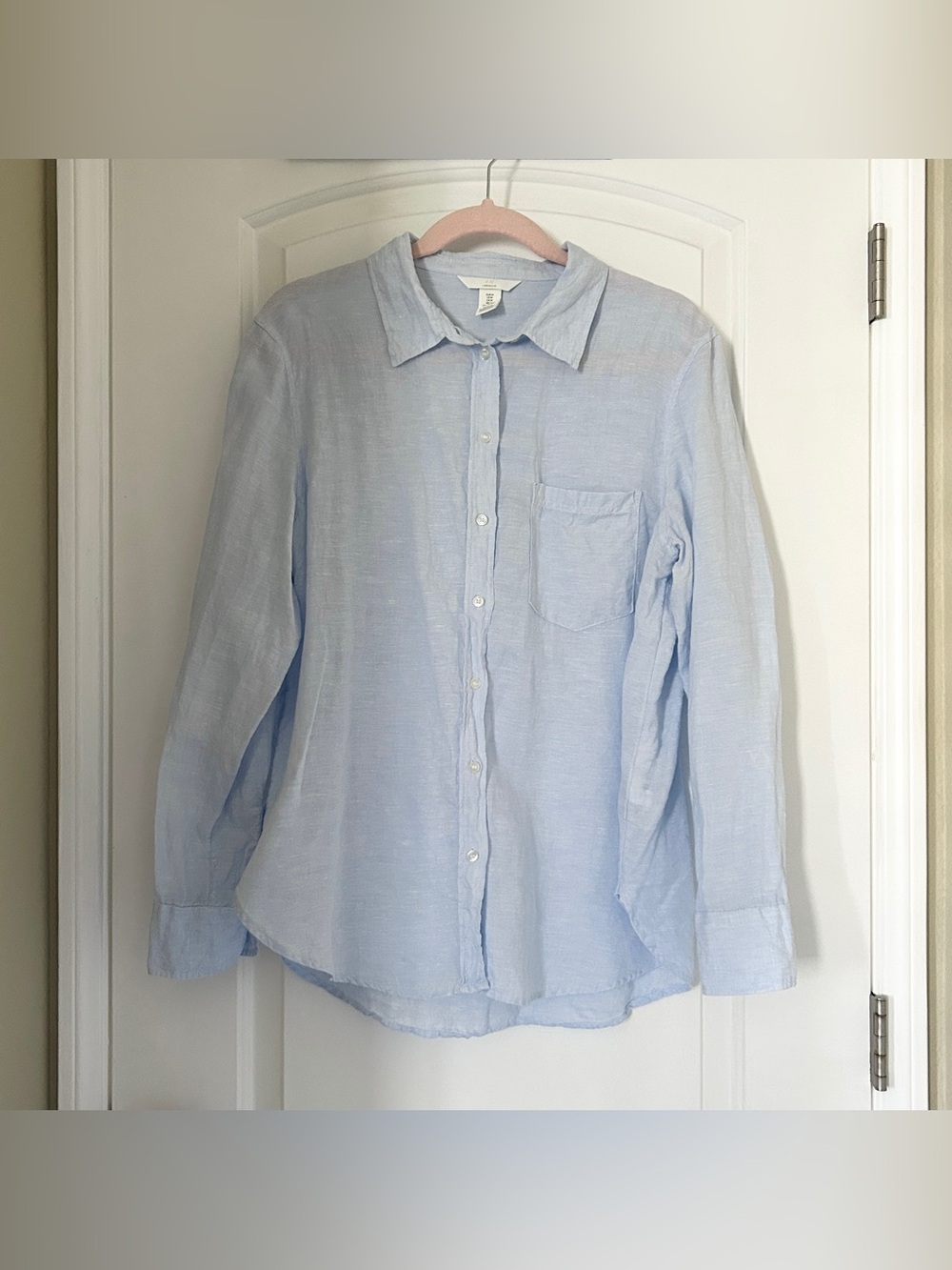 H&M Light Blue LINEN SHIRT Button Down Top Womens